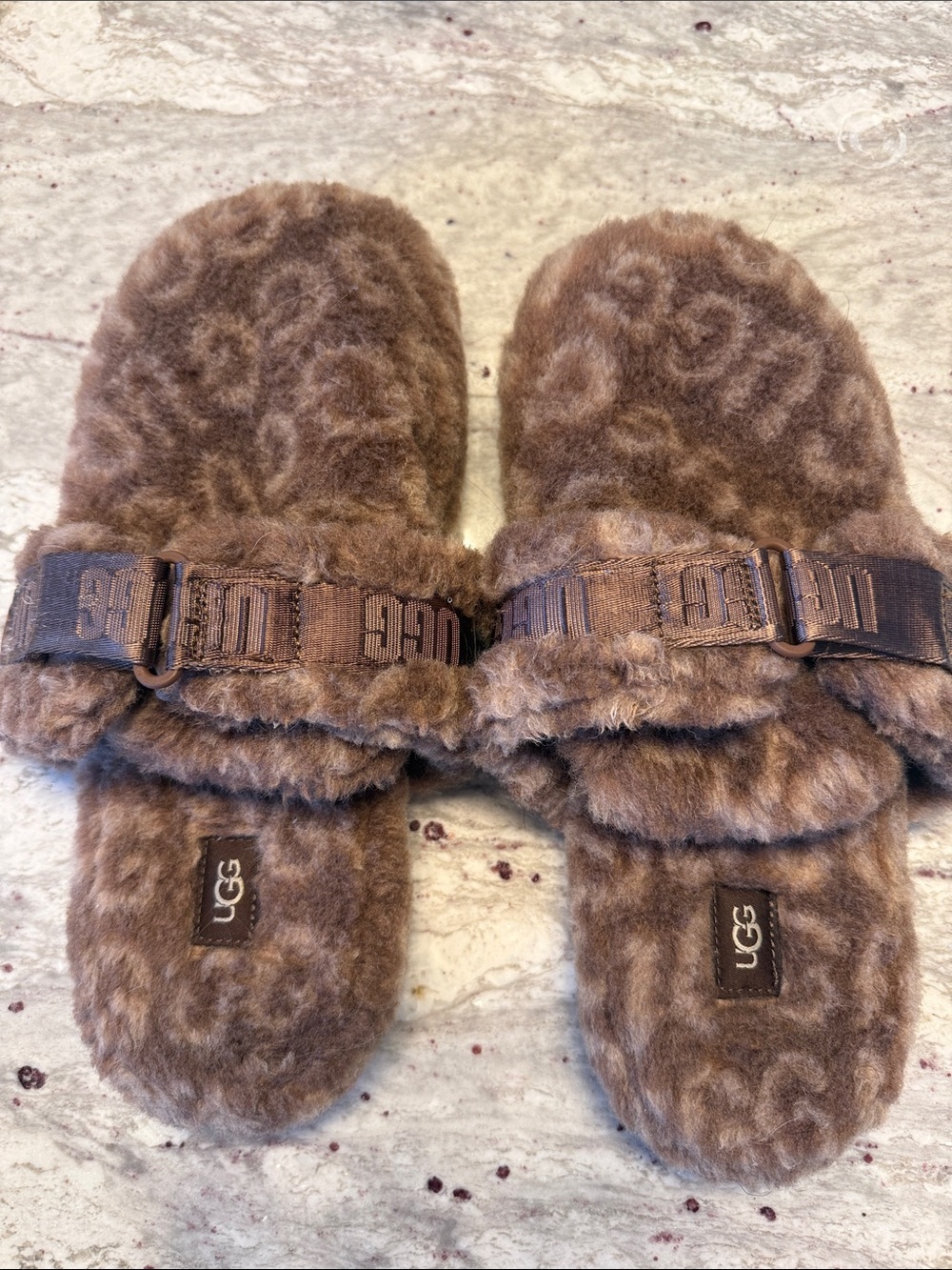 UGG Brown Faux Fur Slide Sandals with Branded Strap